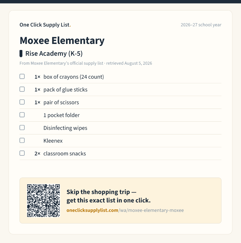 Moxee Elementary Rise Academy (K-5) supply list — printable image