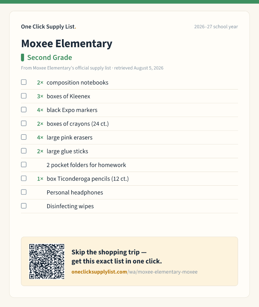 Moxee Elementary Second Grade supply list — printable image
