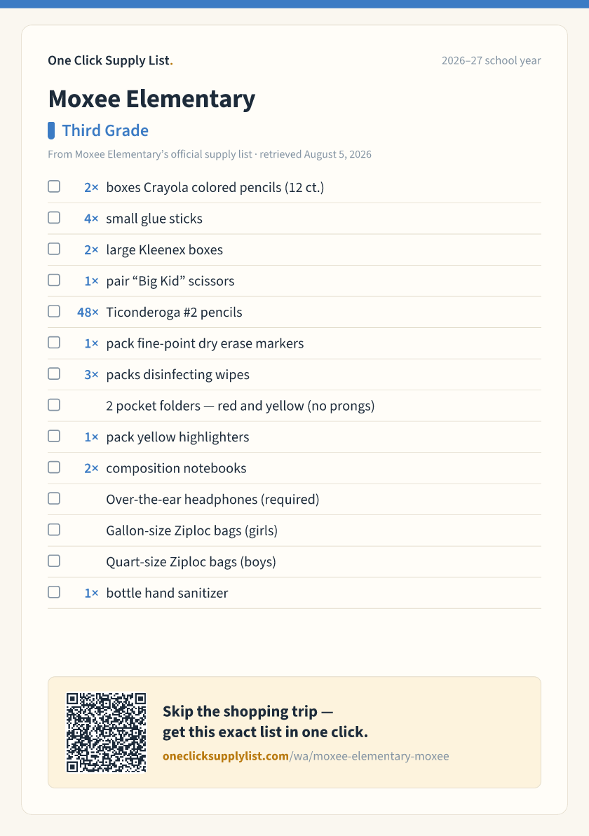 Moxee Elementary Third Grade supply list — printable image