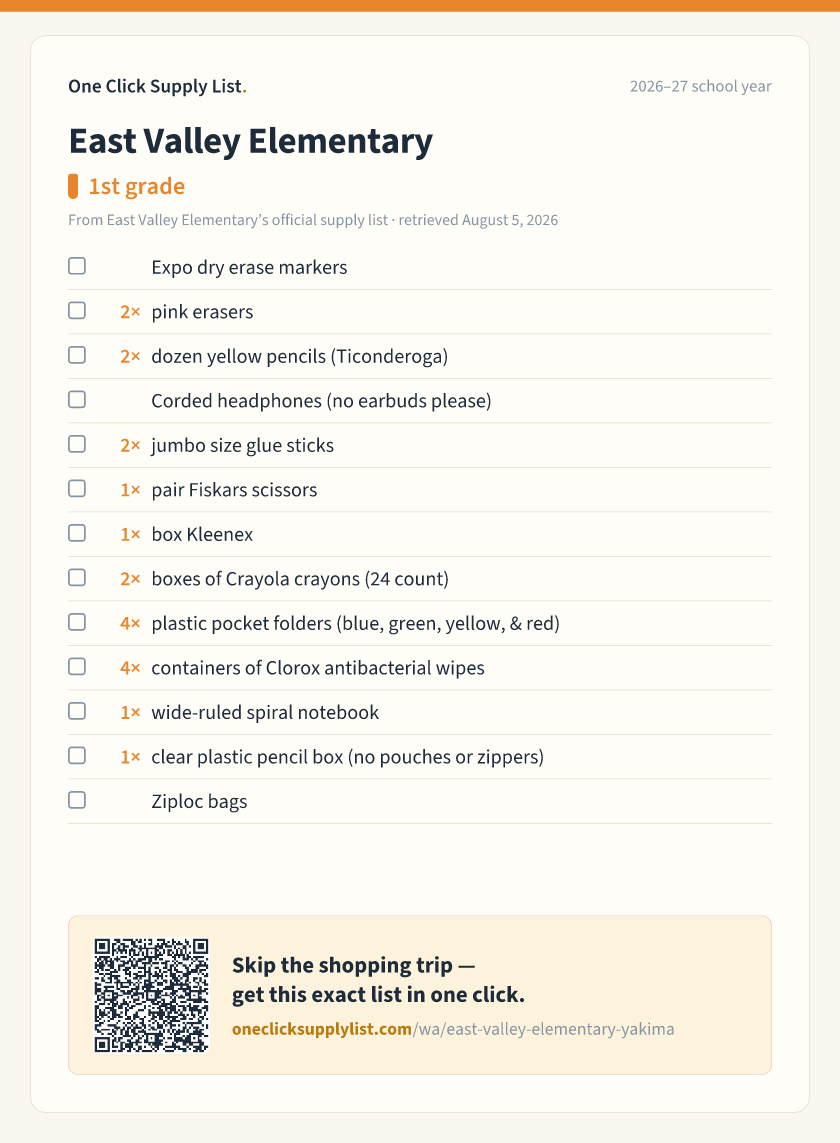 East Valley Elementary 1st grade supply list — printable image