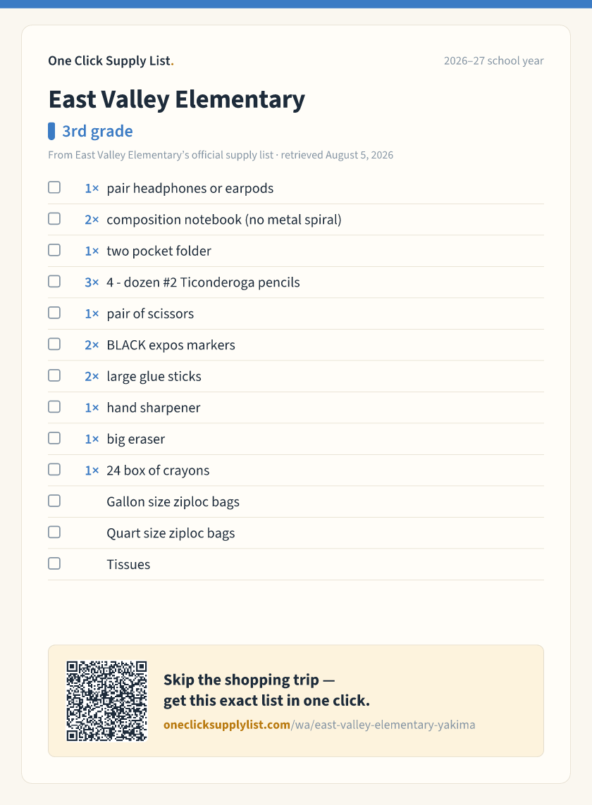 East Valley Elementary 3rd grade supply list — printable image