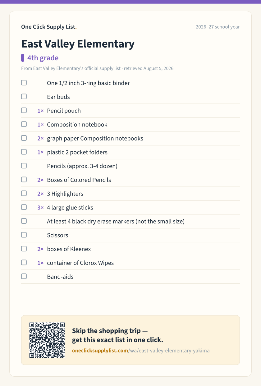 East Valley Elementary 4th grade supply list — printable image