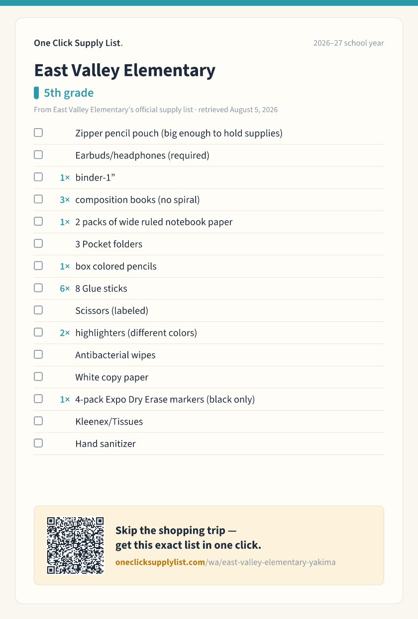 East Valley Elementary 5th grade supply list — printable image