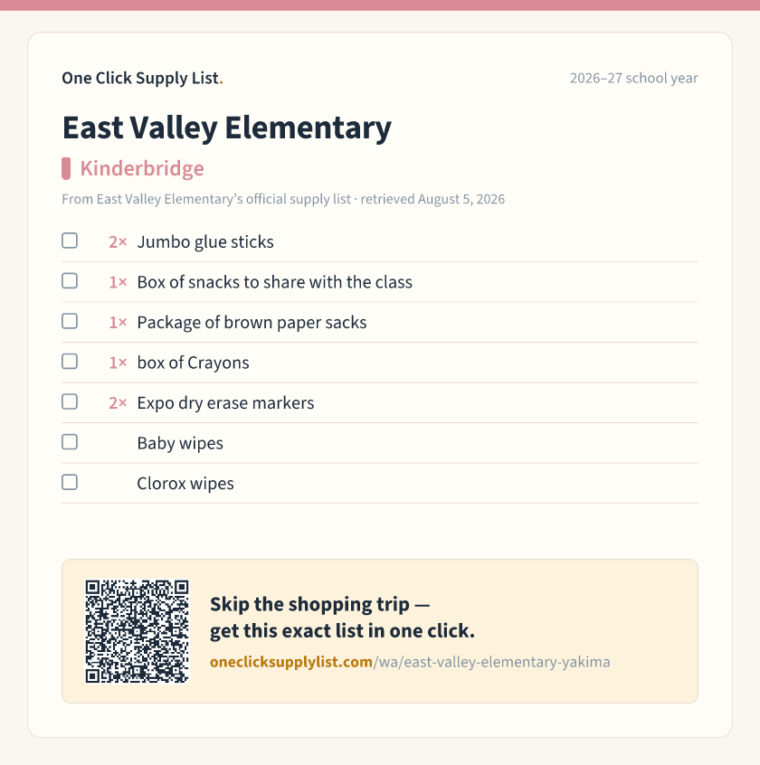 East Valley Elementary Kinderbridge supply list — printable image