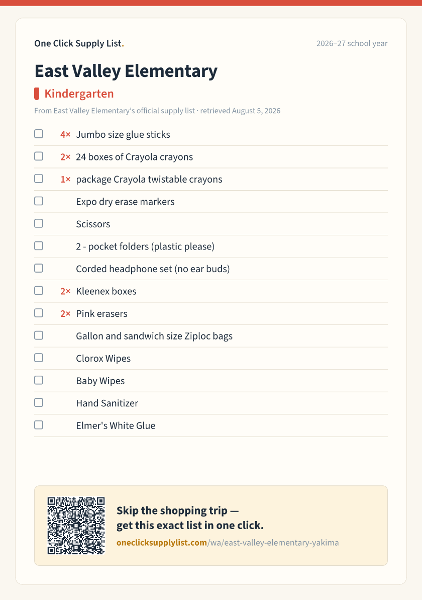 East Valley Elementary Kindergarten supply list — printable image