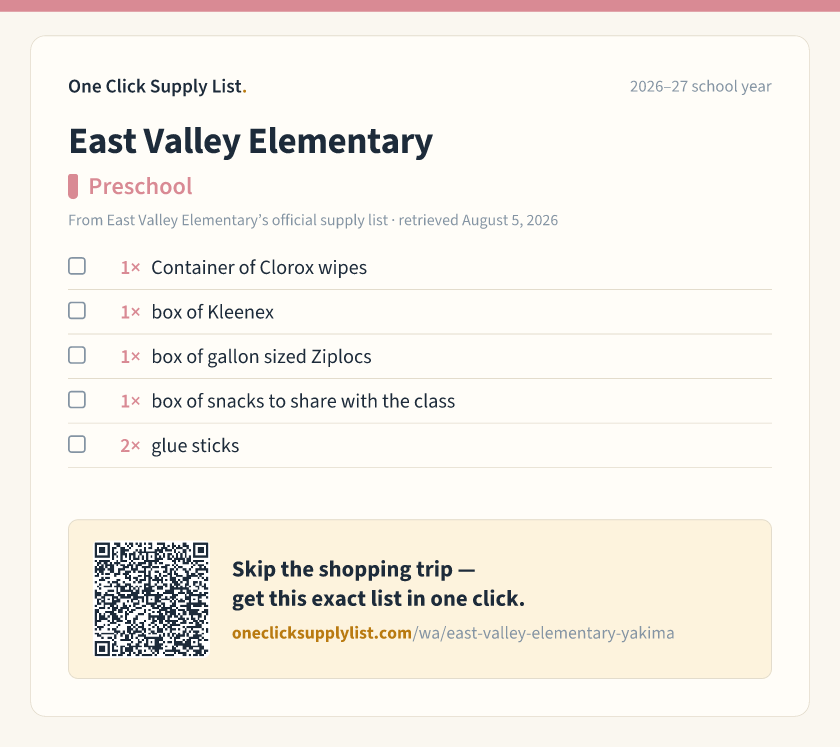 East Valley Elementary Preschool supply list — printable image