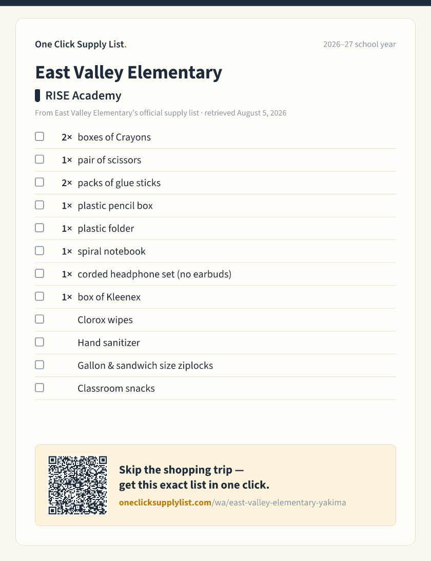 East Valley Elementary RISE Academy supply list — printable image