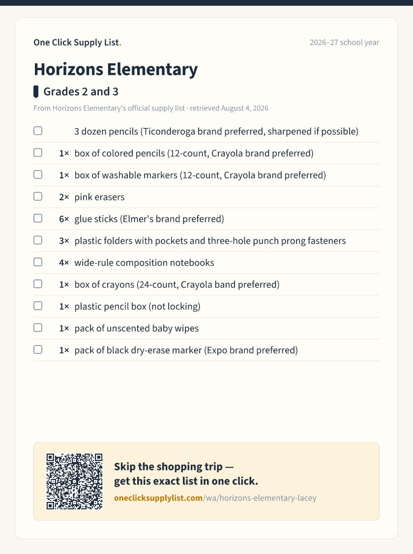 Horizons Elementary Grades 2 and 3 supply list — printable image