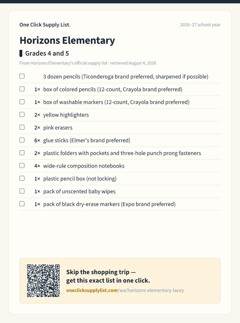 Horizons Elementary Grades 4 and 5 supply list — printable image