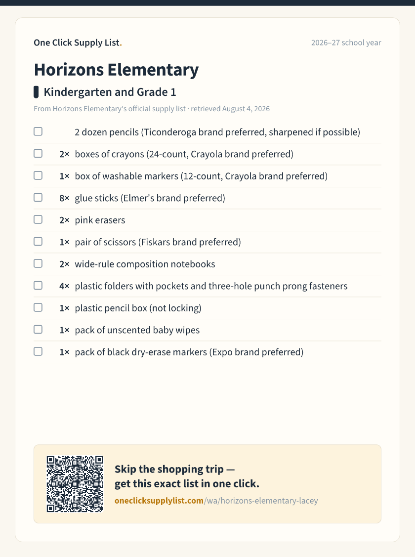 Horizons Elementary Kindergarten and Grade 1 supply list — printable image