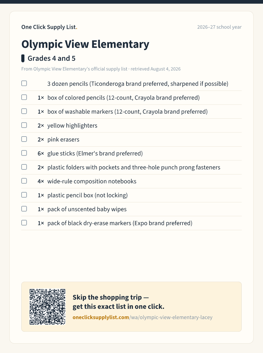 Olympic View Elementary Grades 4 and 5 supply list — printable image