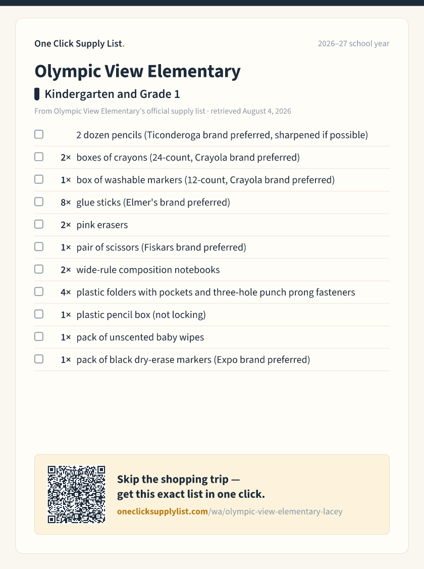 Olympic View Elementary Kindergarten and Grade 1 supply list — printable image