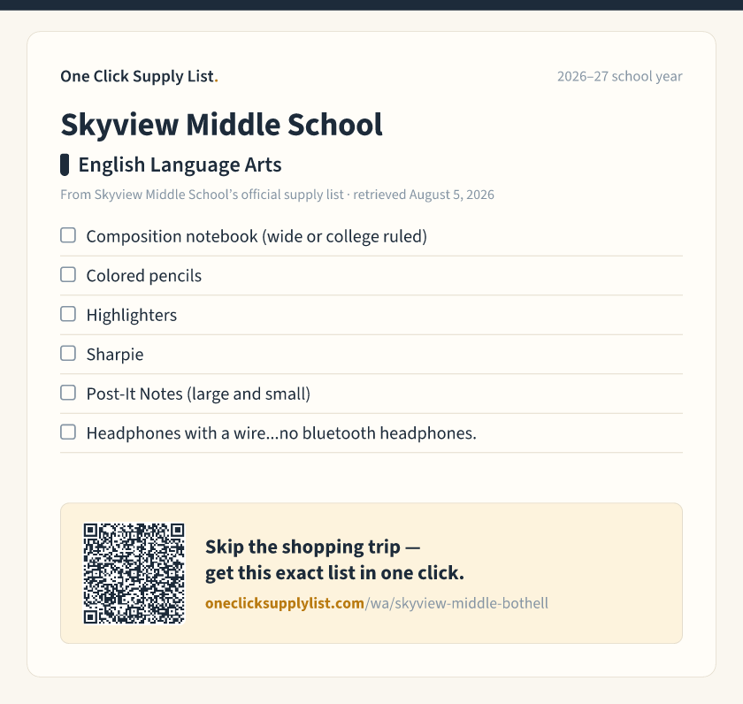 Skyview Middle School English Language Arts supply list — printable image
