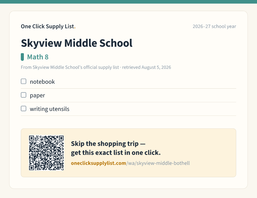 Skyview Middle School Math 8 supply list — printable image
