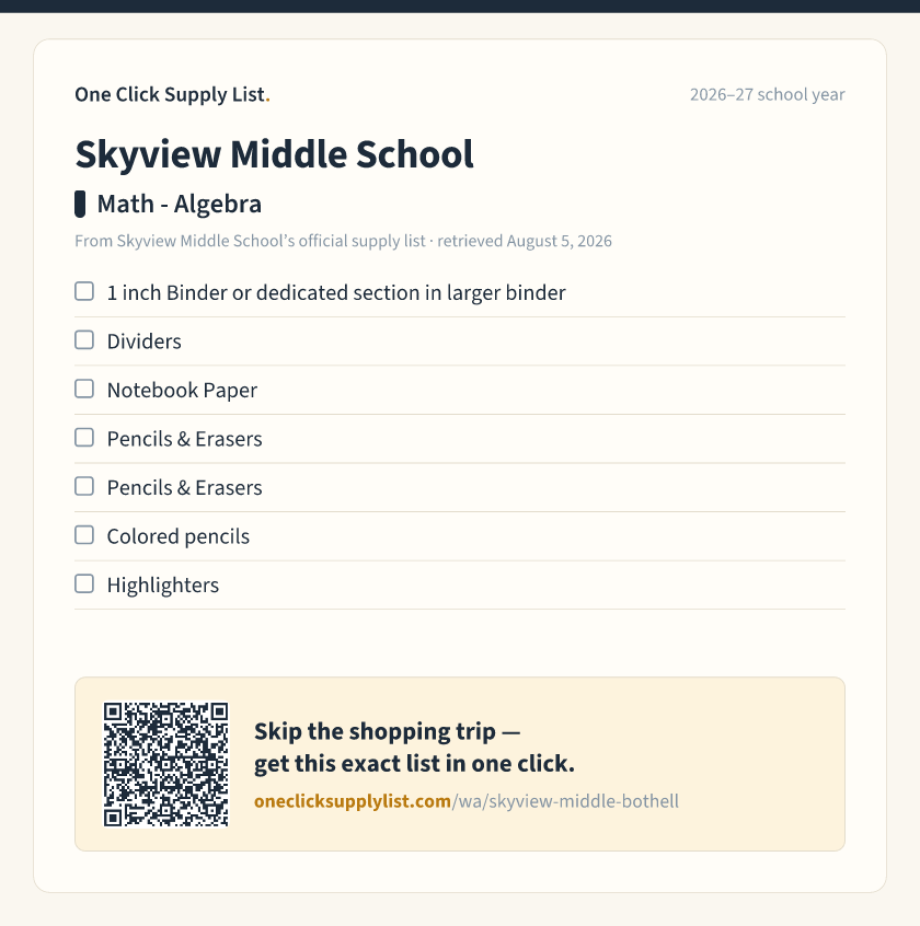 Skyview Middle School Math - Algebra supply list — printable image
