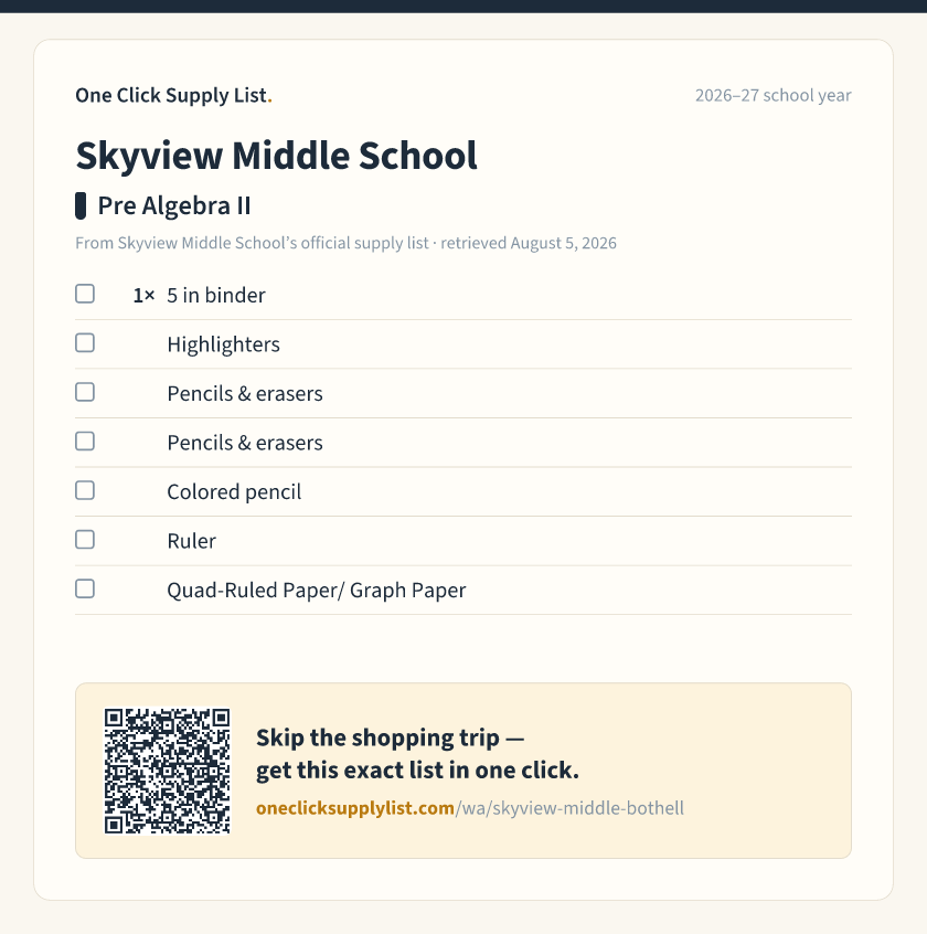 Skyview Middle School Pre Algebra II supply list — printable image