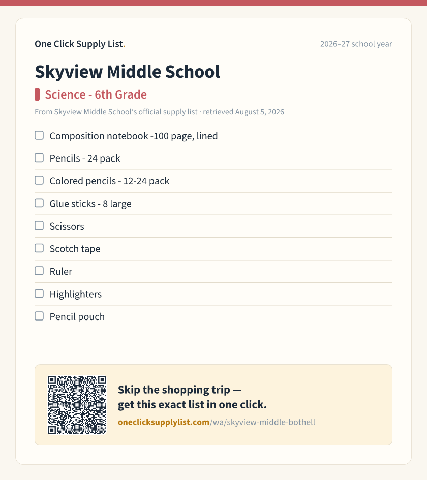 Skyview Middle School Science - 6th Grade supply list — printable image