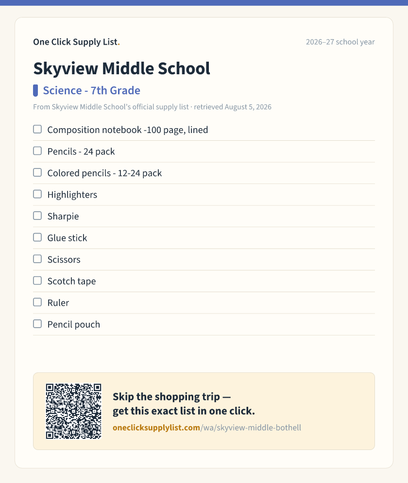 Skyview Middle School Science - 7th Grade supply list — printable image