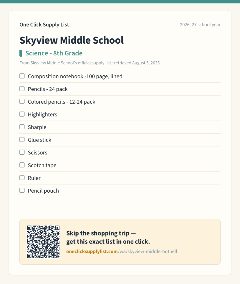 Skyview Middle School Science - 8th Grade supply list — printable image