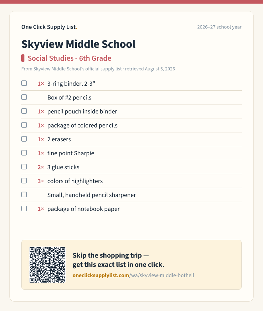 Skyview Middle School Social Studies - 6th Grade supply list — printable image