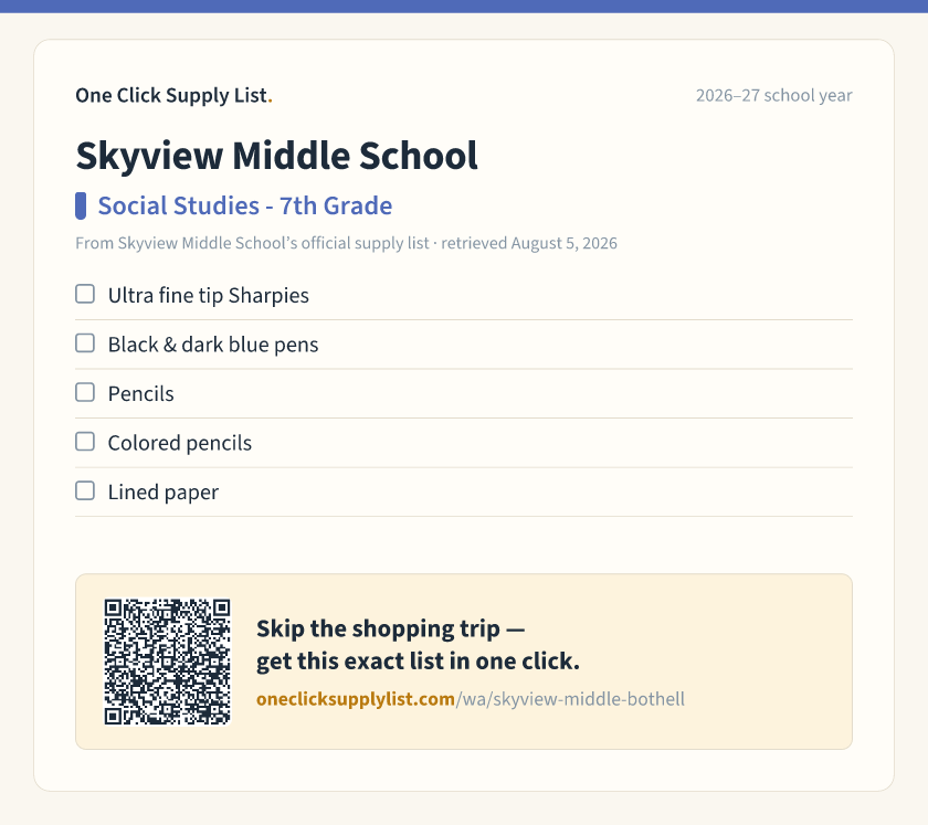 Skyview Middle School Social Studies - 7th Grade supply list — printable image