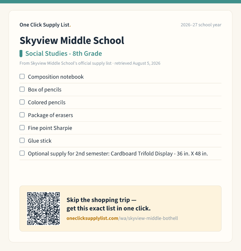Skyview Middle School Social Studies - 8th Grade supply list — printable image