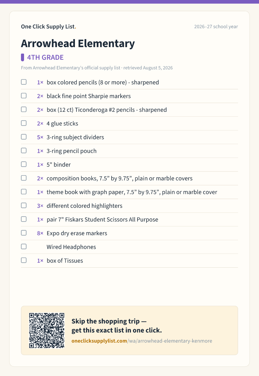 Arrowhead Elementary 4TH GRADE supply list — printable image