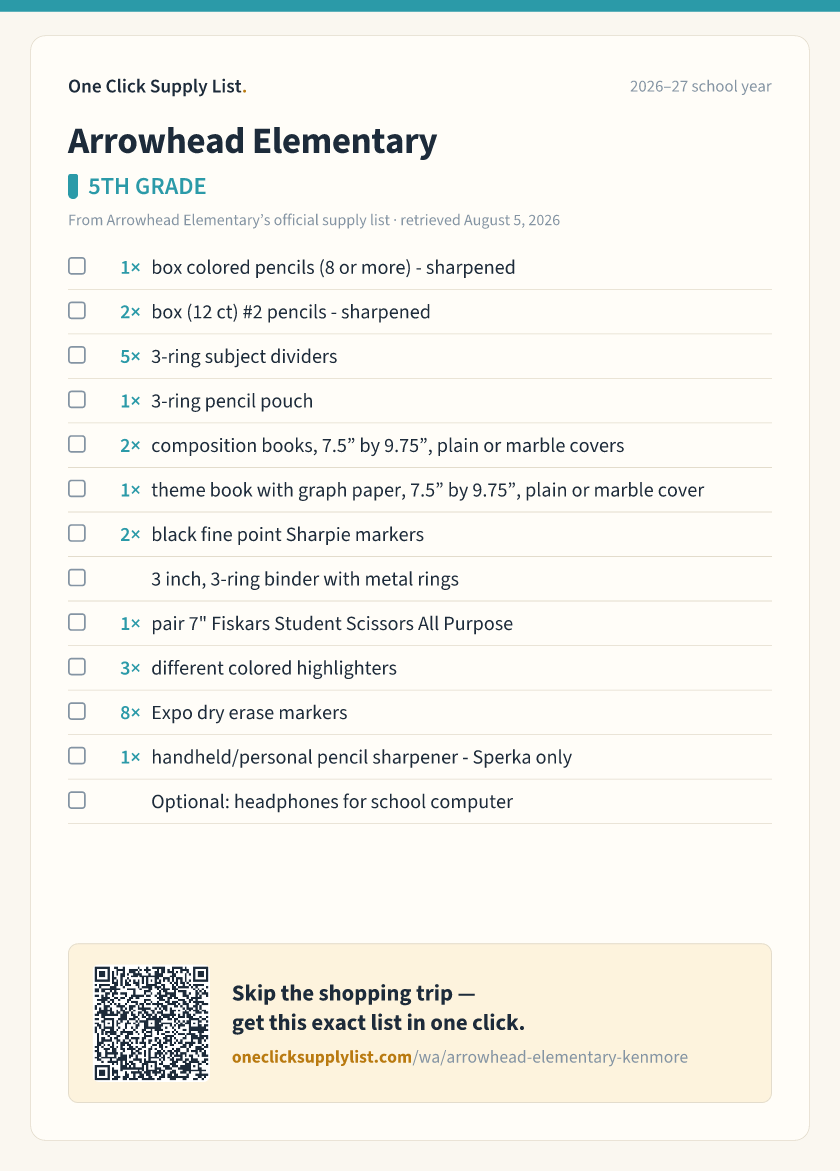 Arrowhead Elementary 5TH GRADE supply list — printable image