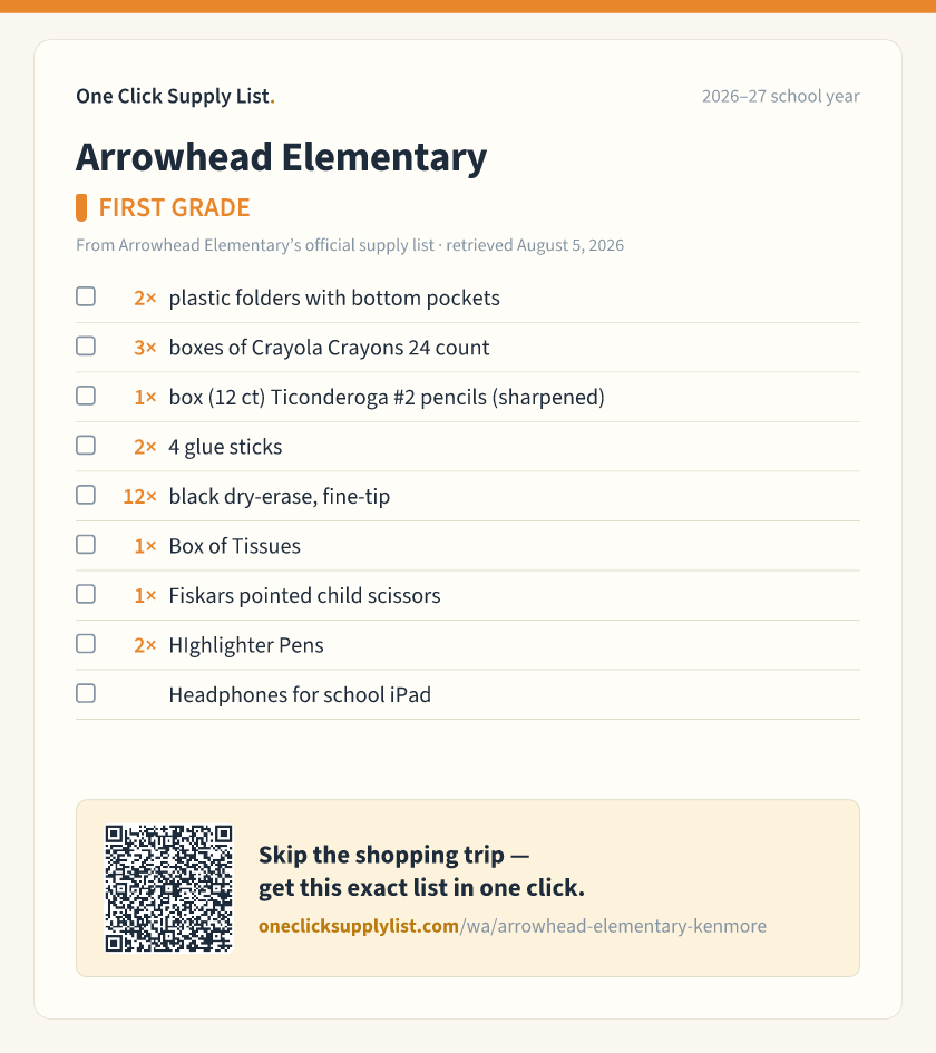 Arrowhead Elementary FIRST GRADE supply list — printable image