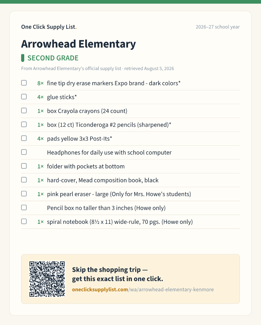 Arrowhead Elementary SECOND GRADE supply list — printable image