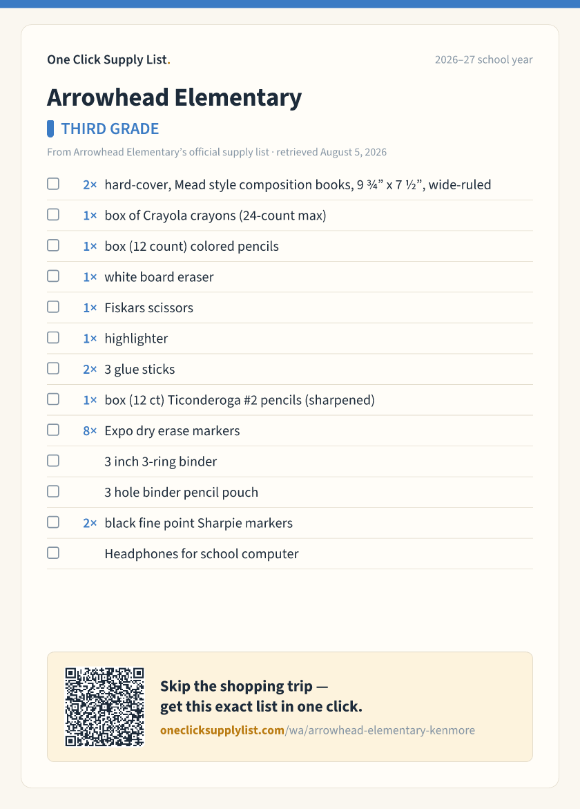 Arrowhead Elementary THIRD GRADE supply list — printable image