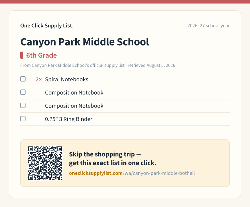 Canyon Park Middle School 6th Grade supply list — printable image