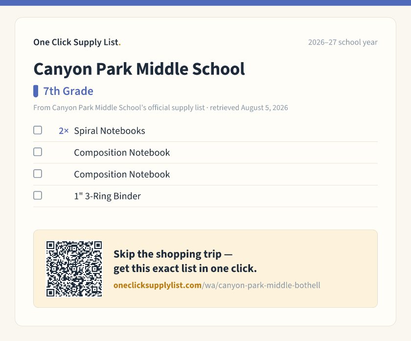 Canyon Park Middle School 7th Grade supply list — printable image