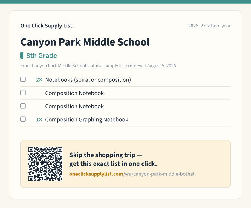 Canyon Park Middle School 8th Grade supply list — printable image