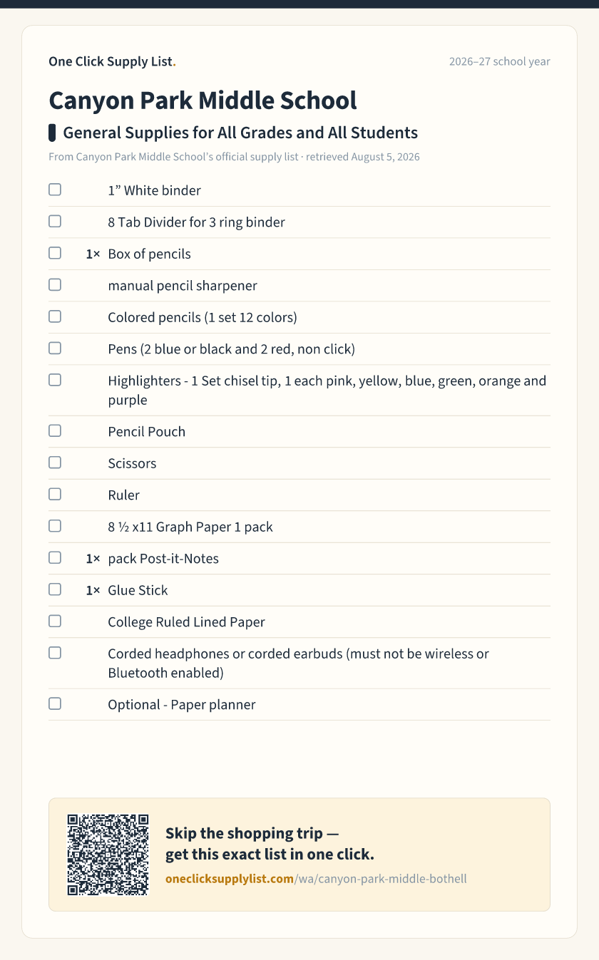 Canyon Park Middle School General Supplies for All Grades and All Students supply list — printable image