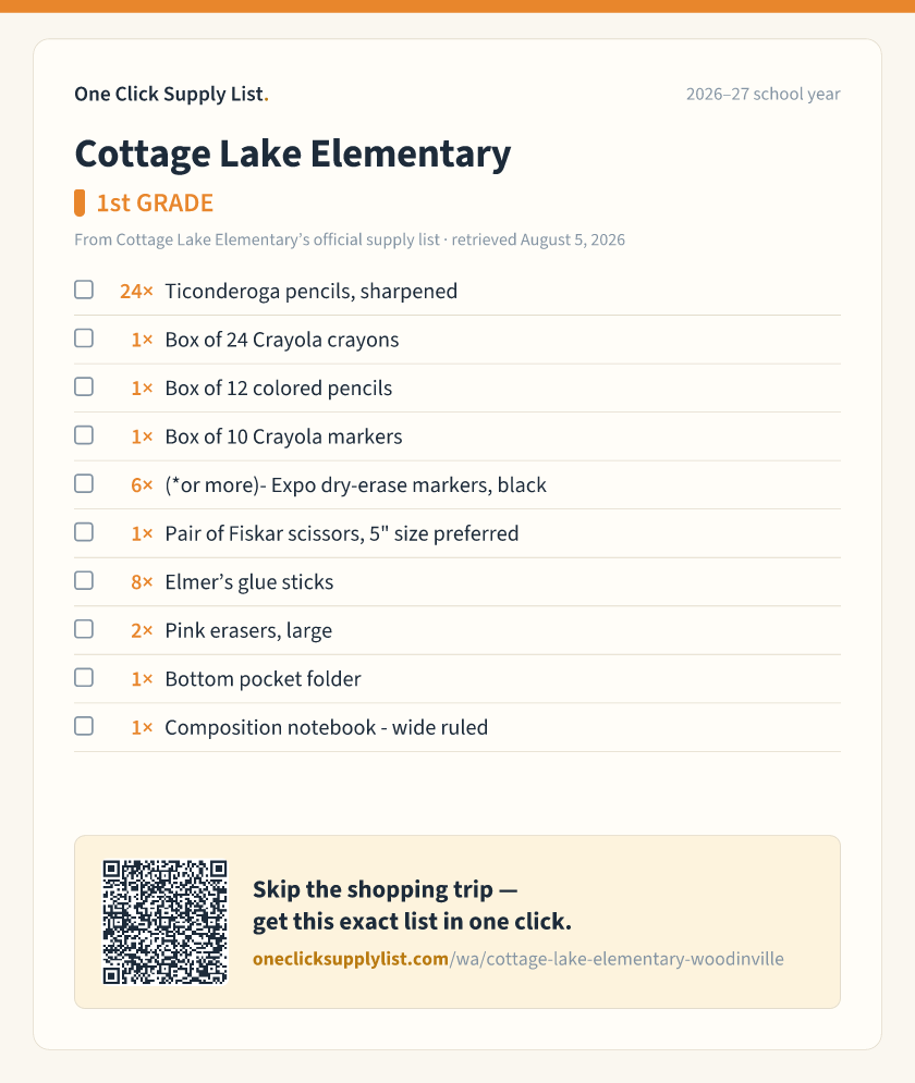 Cottage Lake Elementary 1st GRADE supply list — printable image