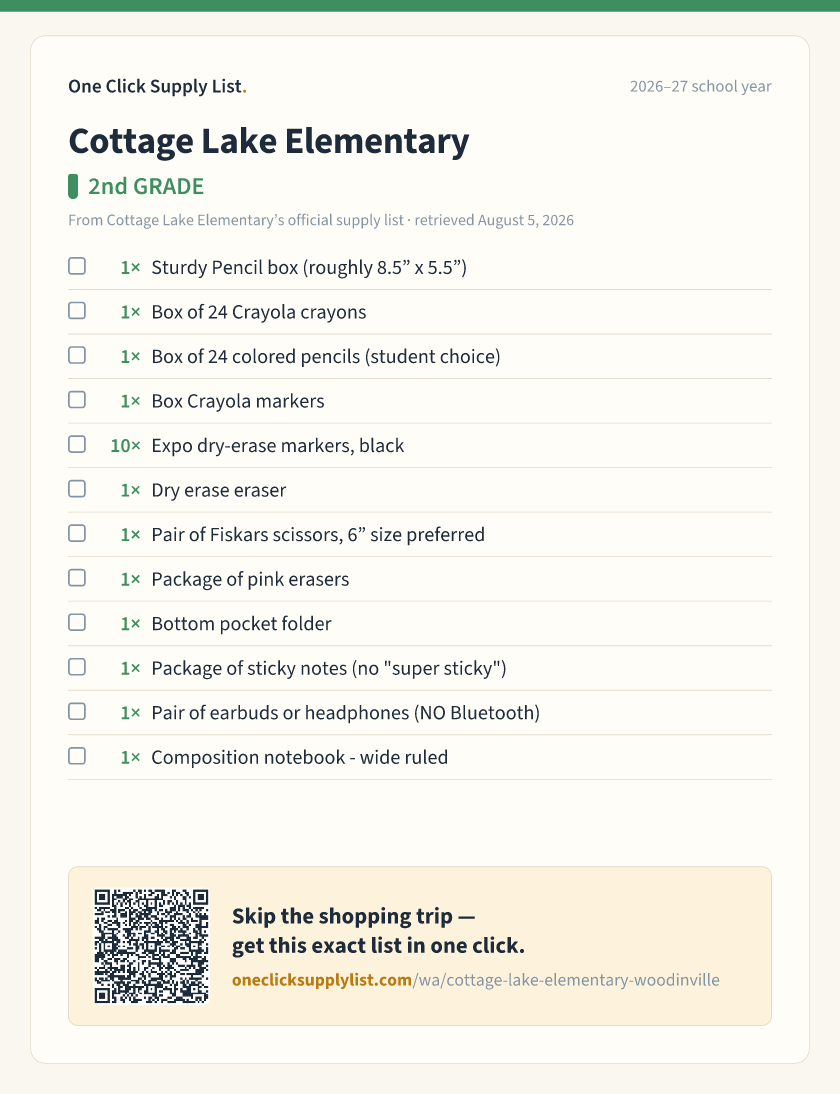 Cottage Lake Elementary 2nd GRADE supply list — printable image