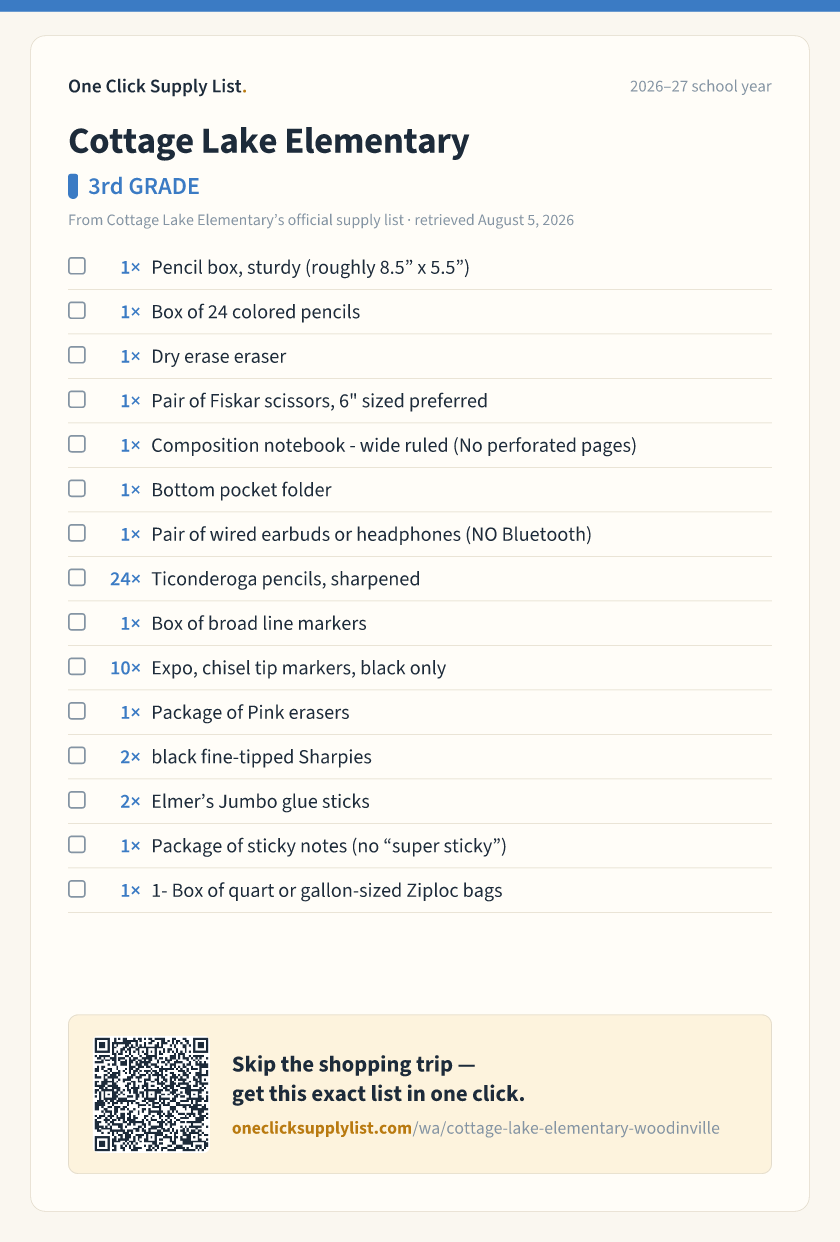 Cottage Lake Elementary 3rd GRADE supply list — printable image