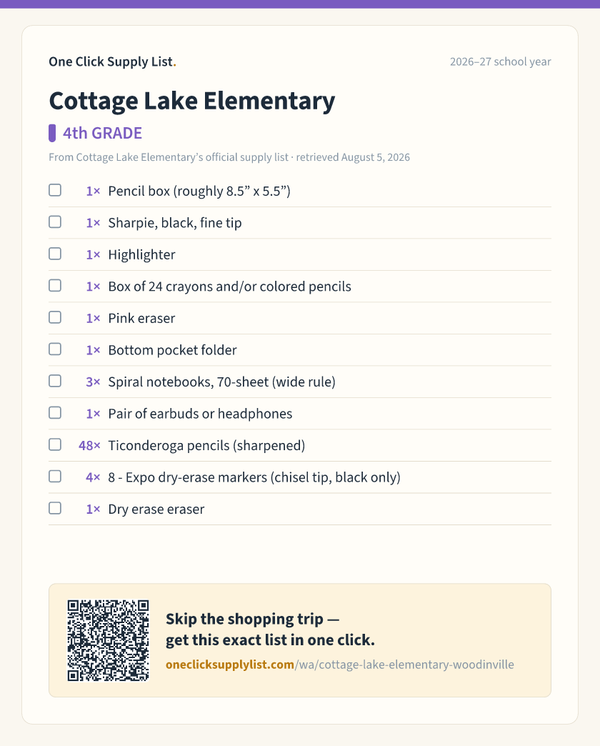 Cottage Lake Elementary 4th GRADE supply list — printable image