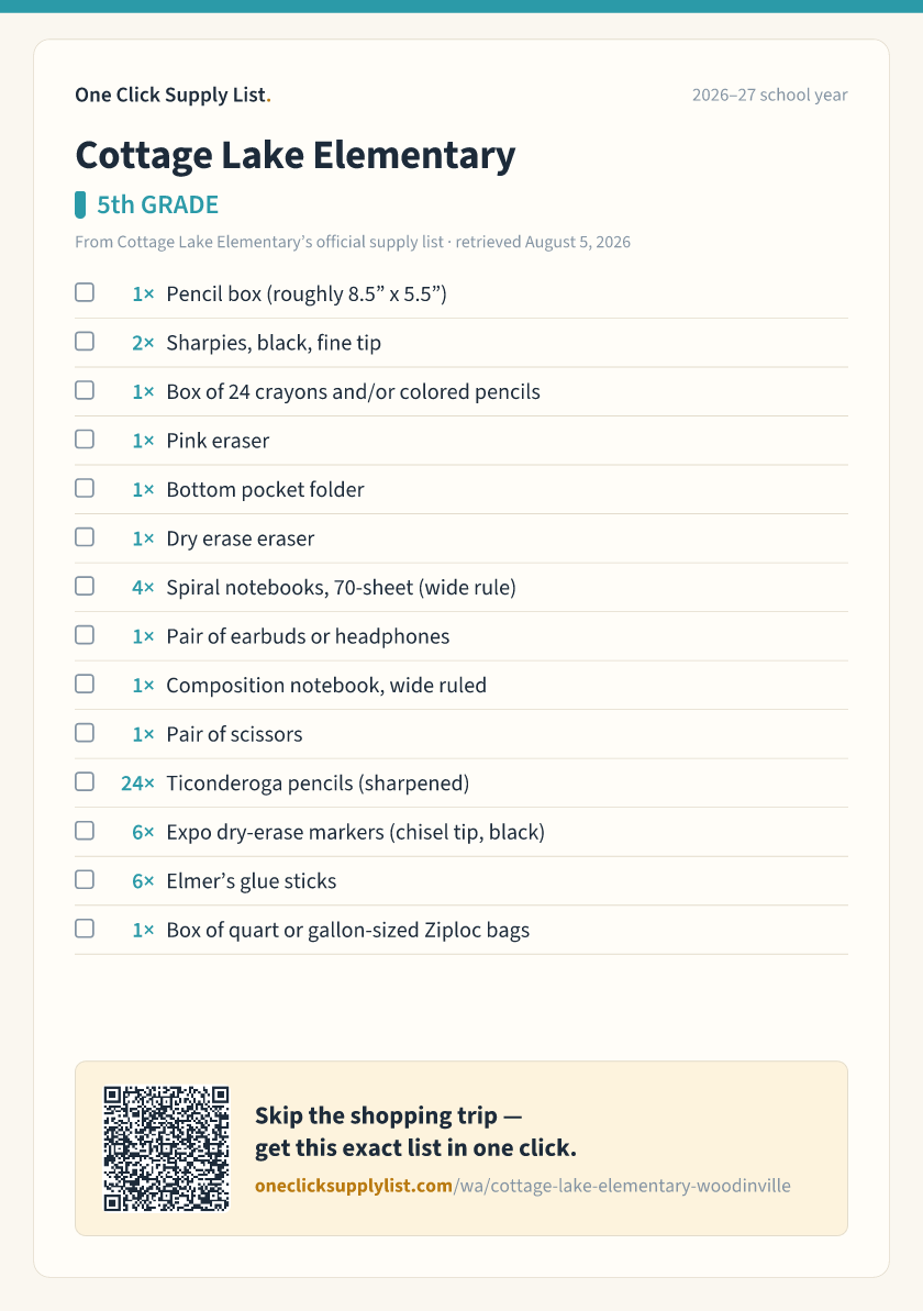 Cottage Lake Elementary 5th GRADE supply list — printable image