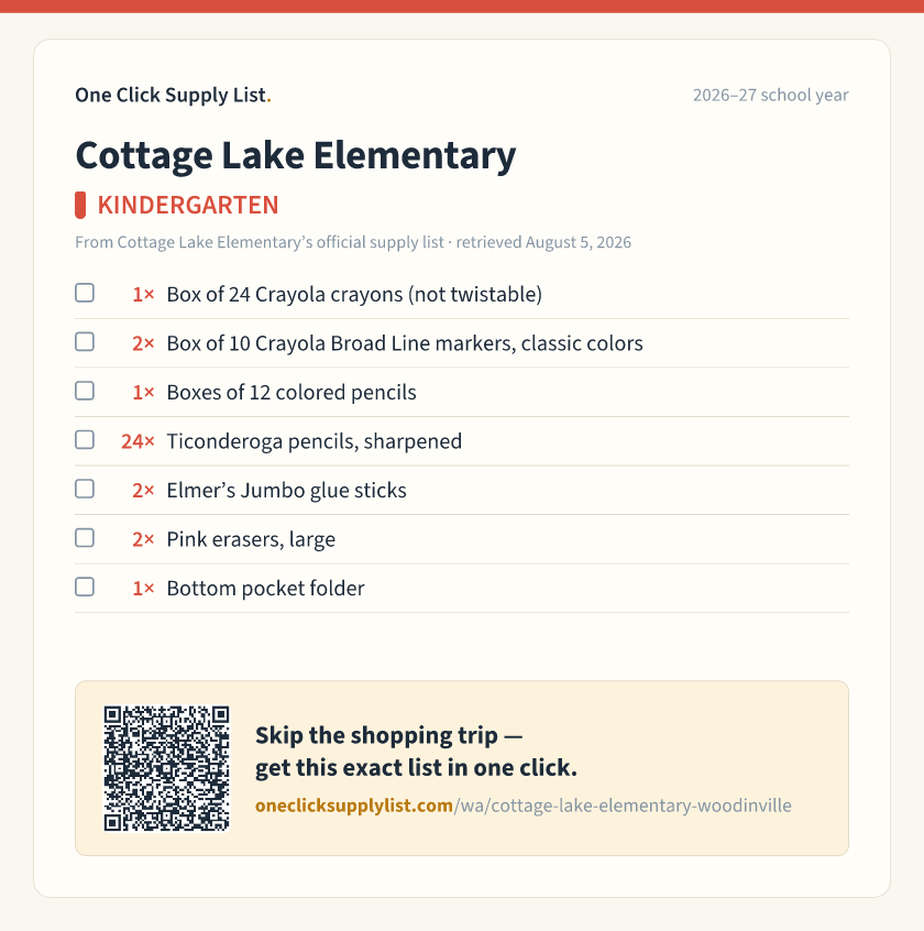 Cottage Lake Elementary KINDERGARTEN supply list — printable image