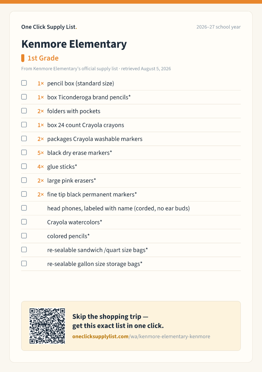 Kenmore Elementary 1st Grade supply list — printable image