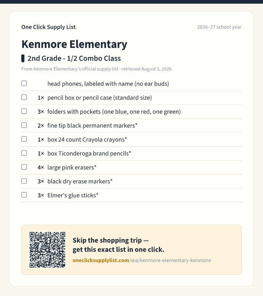 Kenmore Elementary 2nd Grade - 1/2 Combo Class supply list — printable image