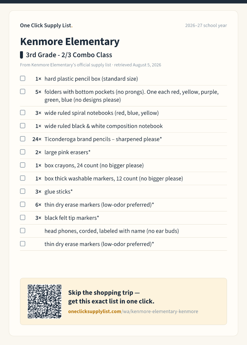 Kenmore Elementary 3rd Grade - 2/3 Combo Class supply list — printable image