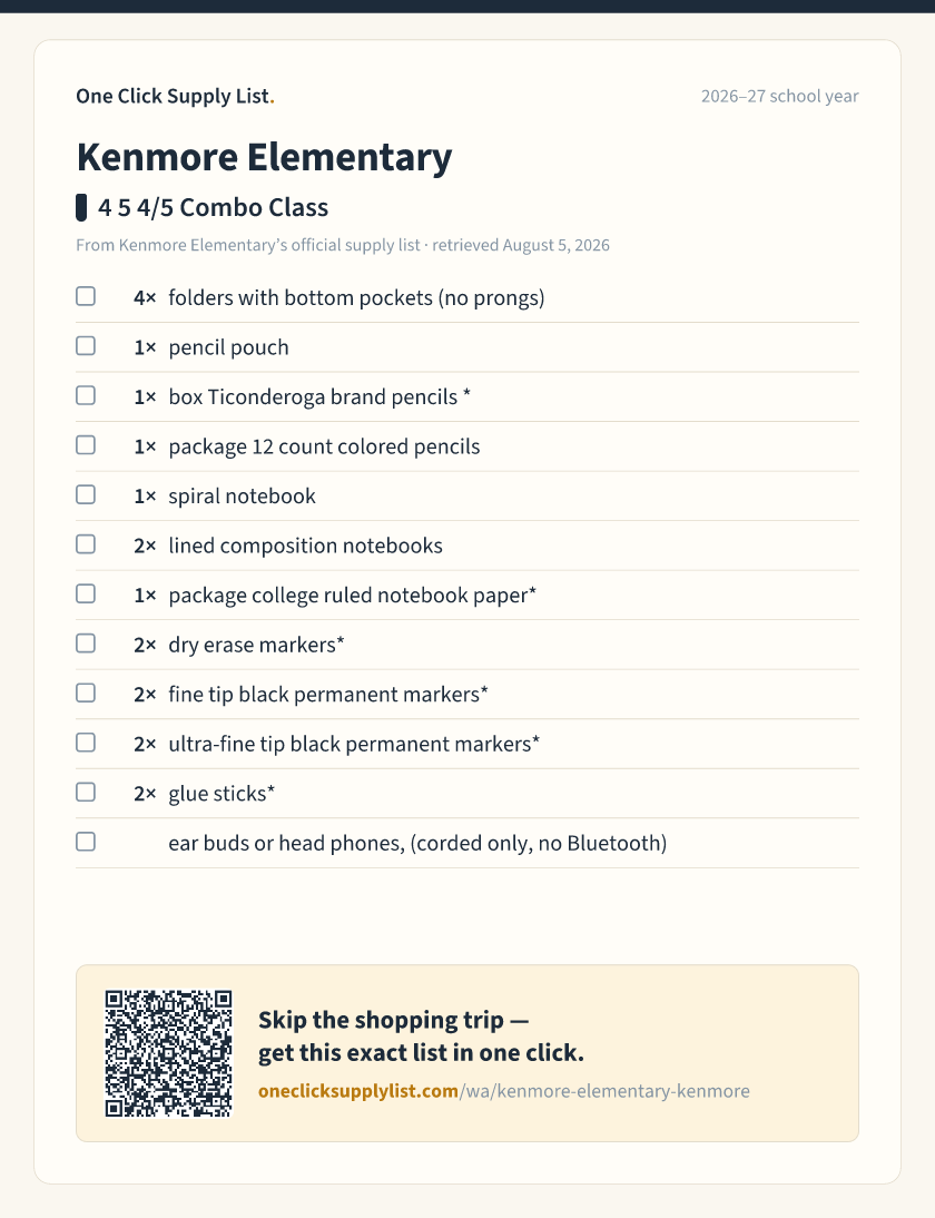 Kenmore Elementary 4 5 4/5 Combo Class supply list — printable image