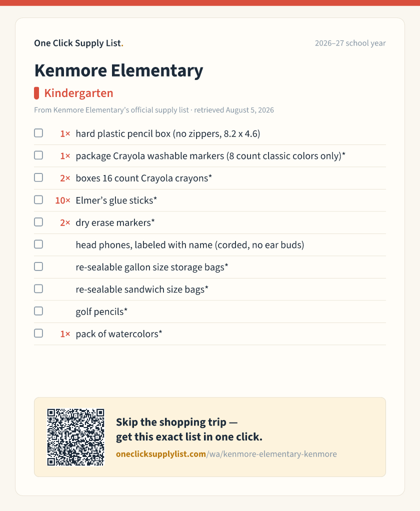 Kenmore Elementary Kindergarten supply list — printable image