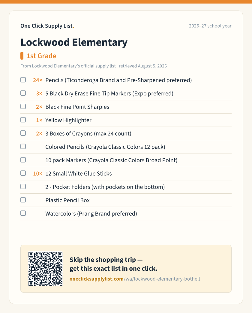 Lockwood Elementary 1st Grade supply list — printable image