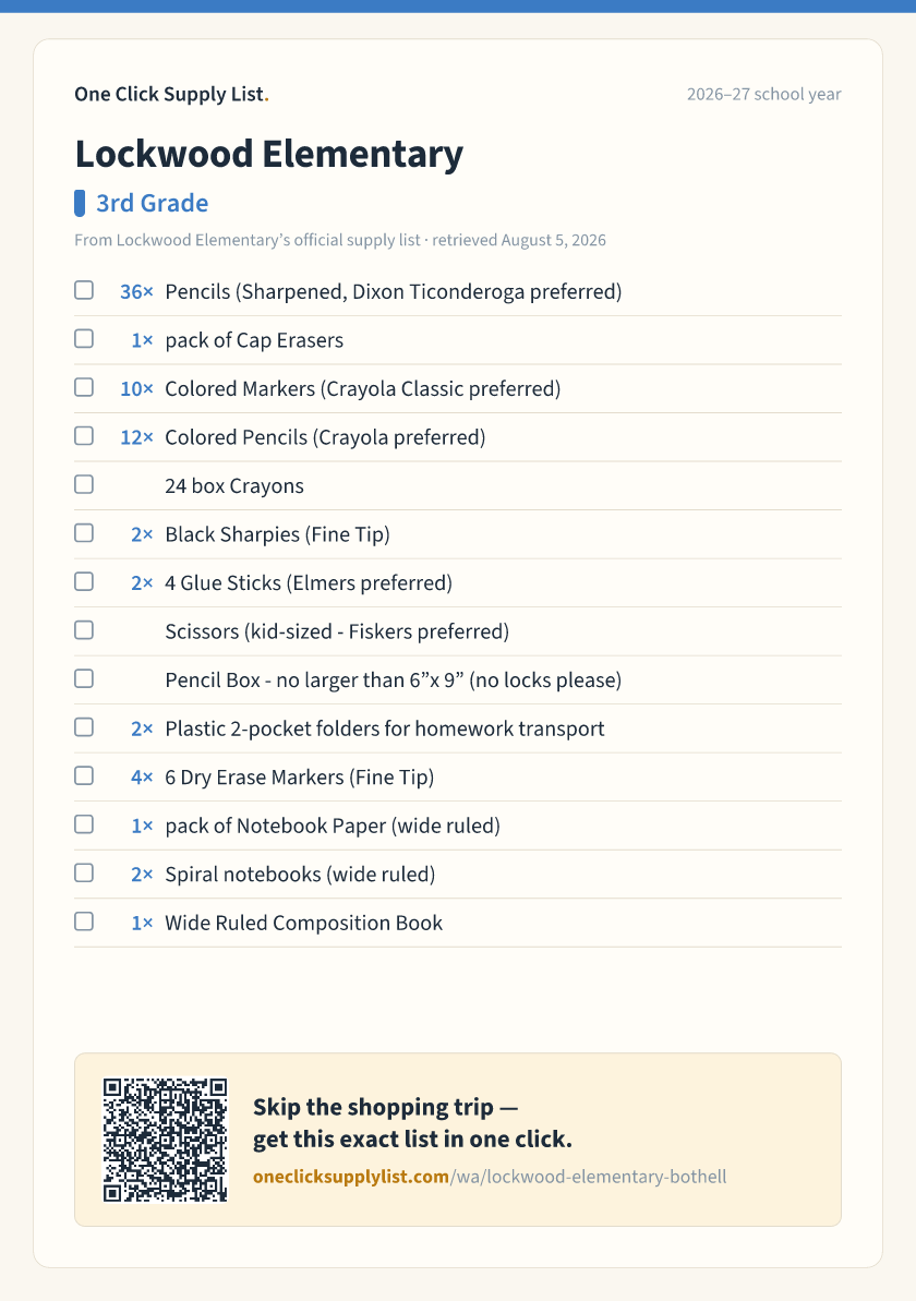 Lockwood Elementary 3rd Grade supply list — printable image