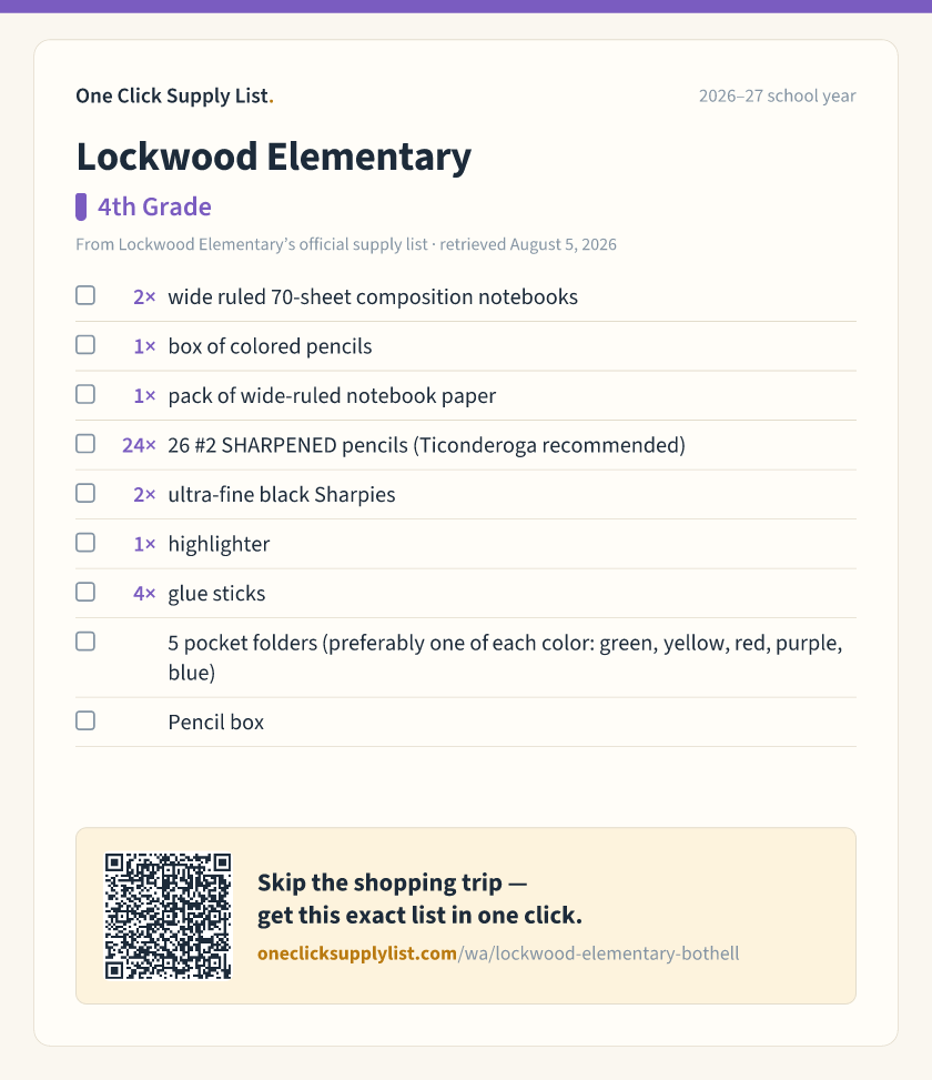 Lockwood Elementary 4th Grade supply list — printable image