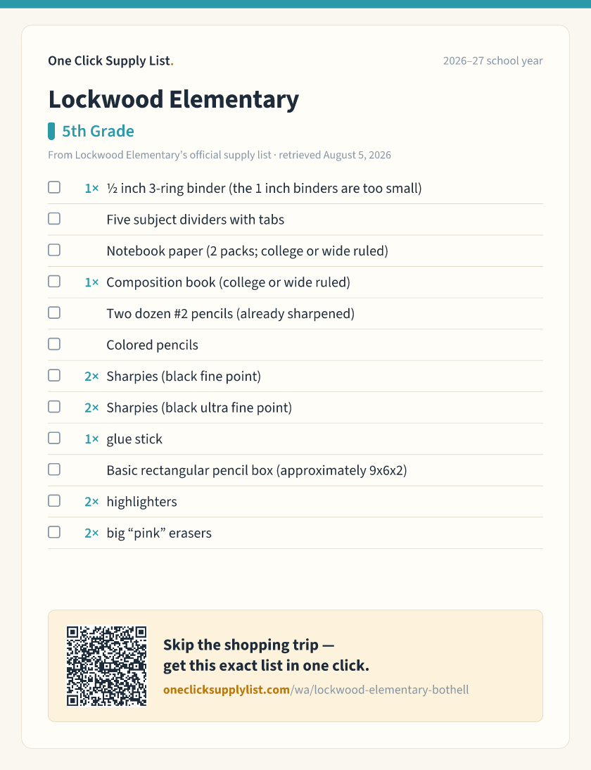 Lockwood Elementary 5th Grade supply list — printable image